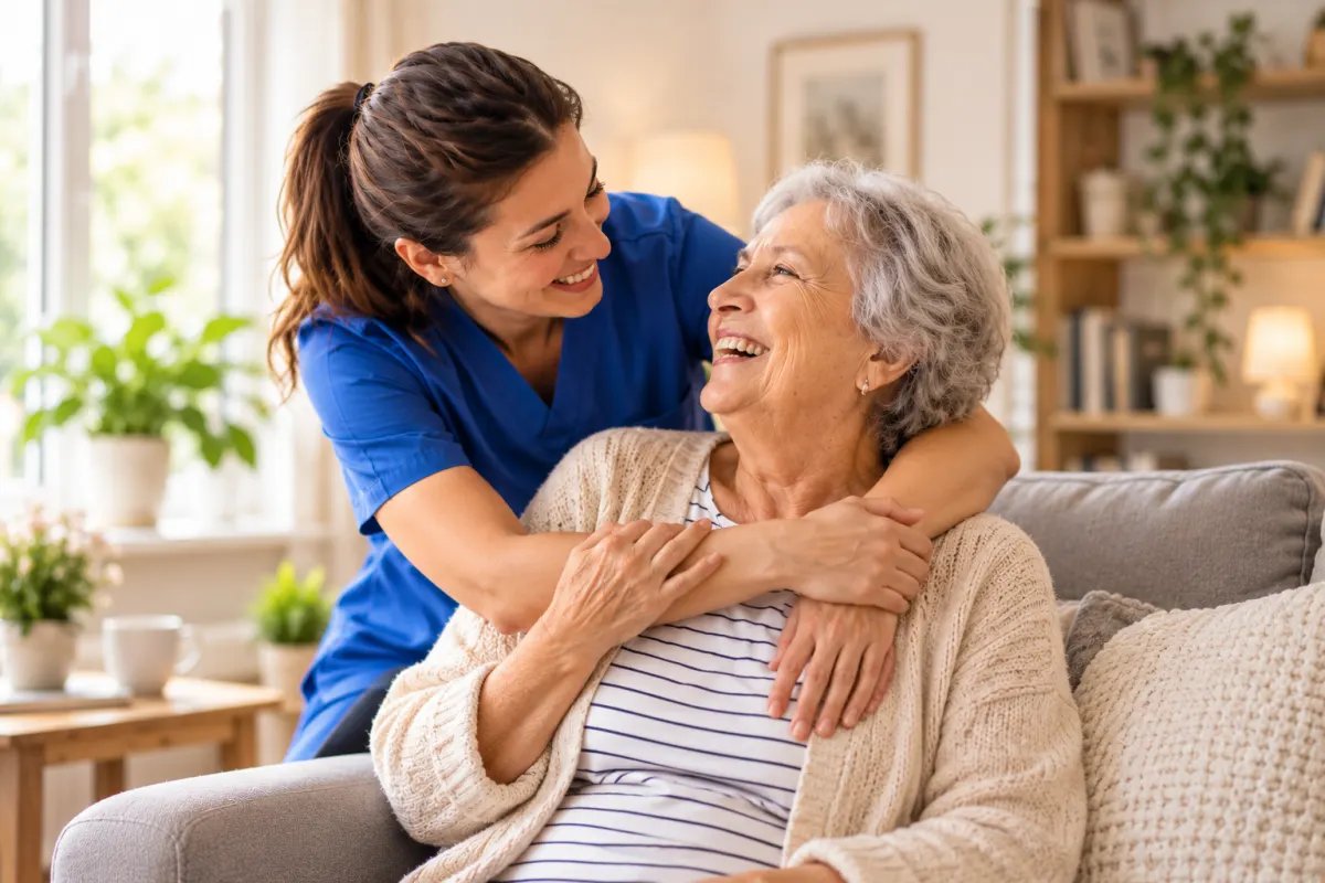 Eine Betreuerin umarmt eine lachende ältere Dame auf dem Sofa in deren Wohnzimmer